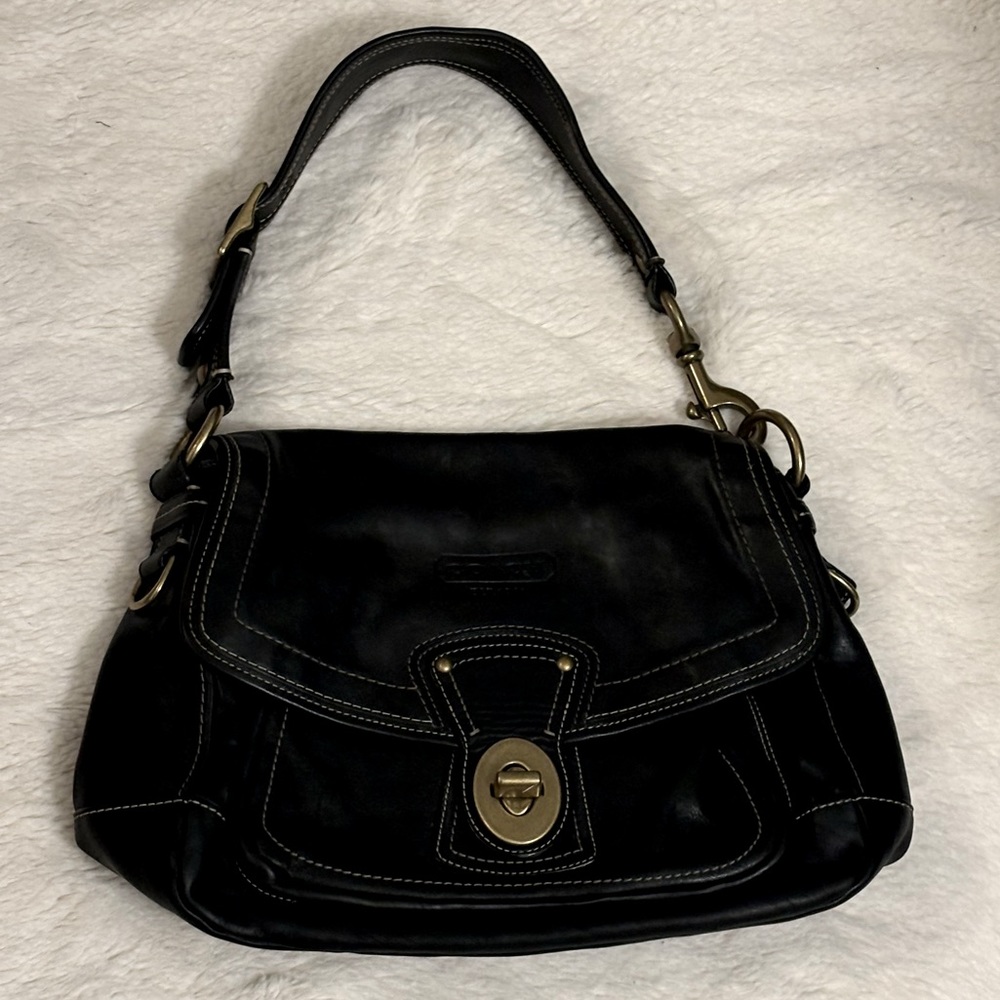 Coach, vintage, thick genuine leather shoulder/handbag. Brass hardware.